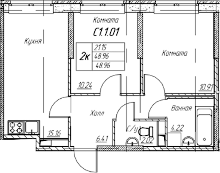 2-комнатная квартира 48.96 м², 1/22 эт., ЖК «Парк-квартал Юнтолово»